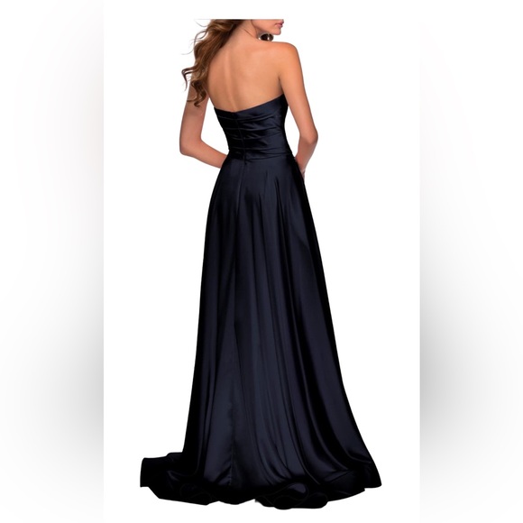 La Femme Navy Blue Strapless Slit Satin Ballgown - Picture 2 of 9